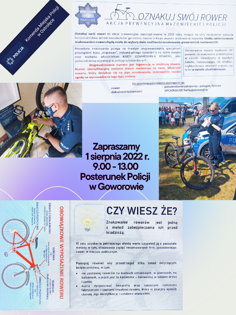 Znakowanie rowerów 01.08.2022 r. posterunek policji w Goworowie