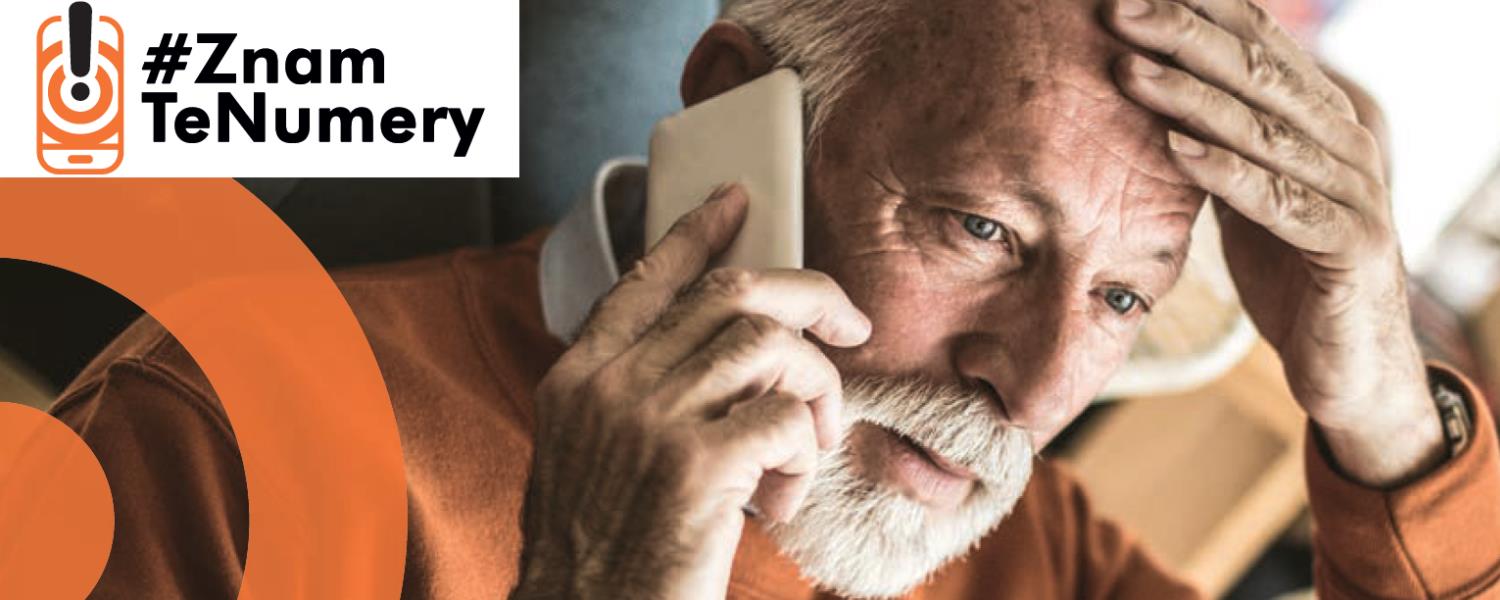 Grafika przedstawia starszego mężczyznę z telefonem przy uchu i dłonią na głowie. W lewym górnym rogu symbol komórki w wykrzyknikiem i napis: #ZnamTeNumery