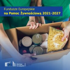 Zdjęcie przedstawia karton z pomocą żywnościową o zawartości: konserwy, makaron, olej, mąka. W górnej części żółty napis na granatowym tle: Fundusze Europejskie na Pomoc Żywnościową 2021-2027.